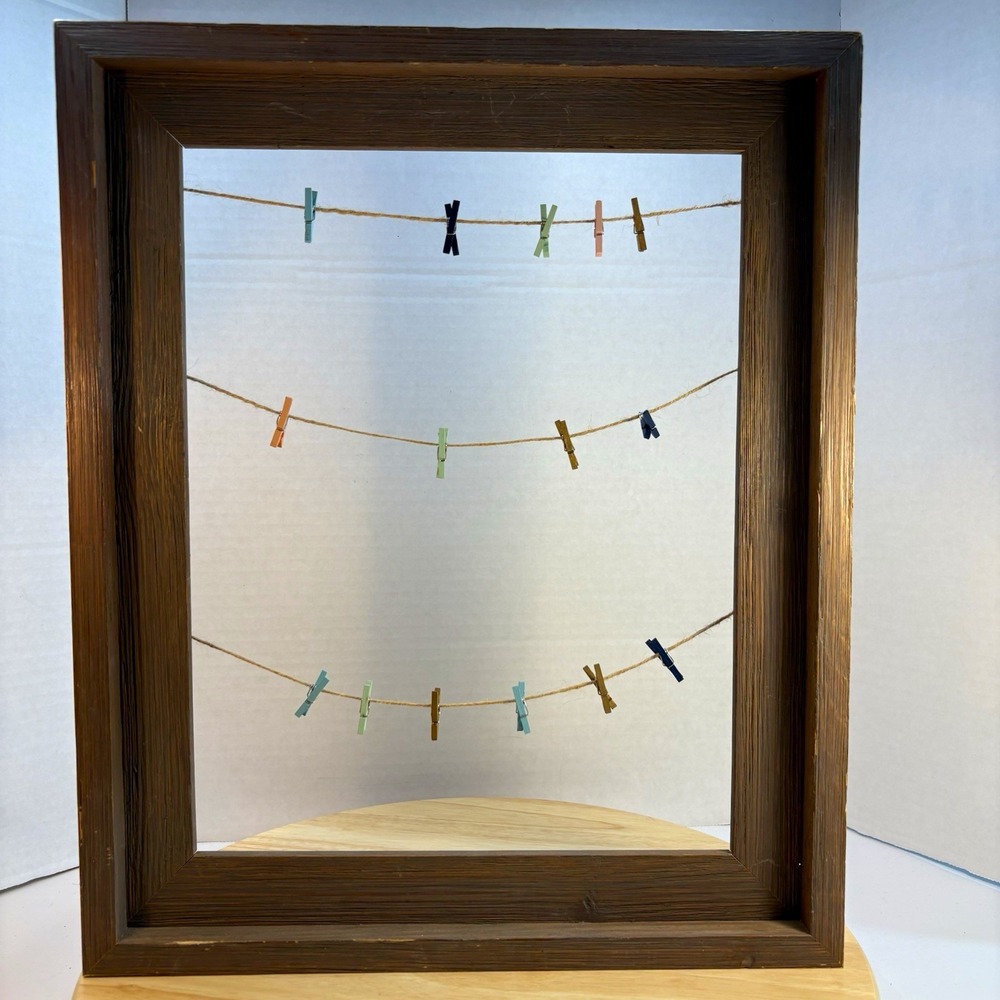 Wood Hanging Photo Holder Frame Brown 14x17 3 Twine Lines, 15 Clips